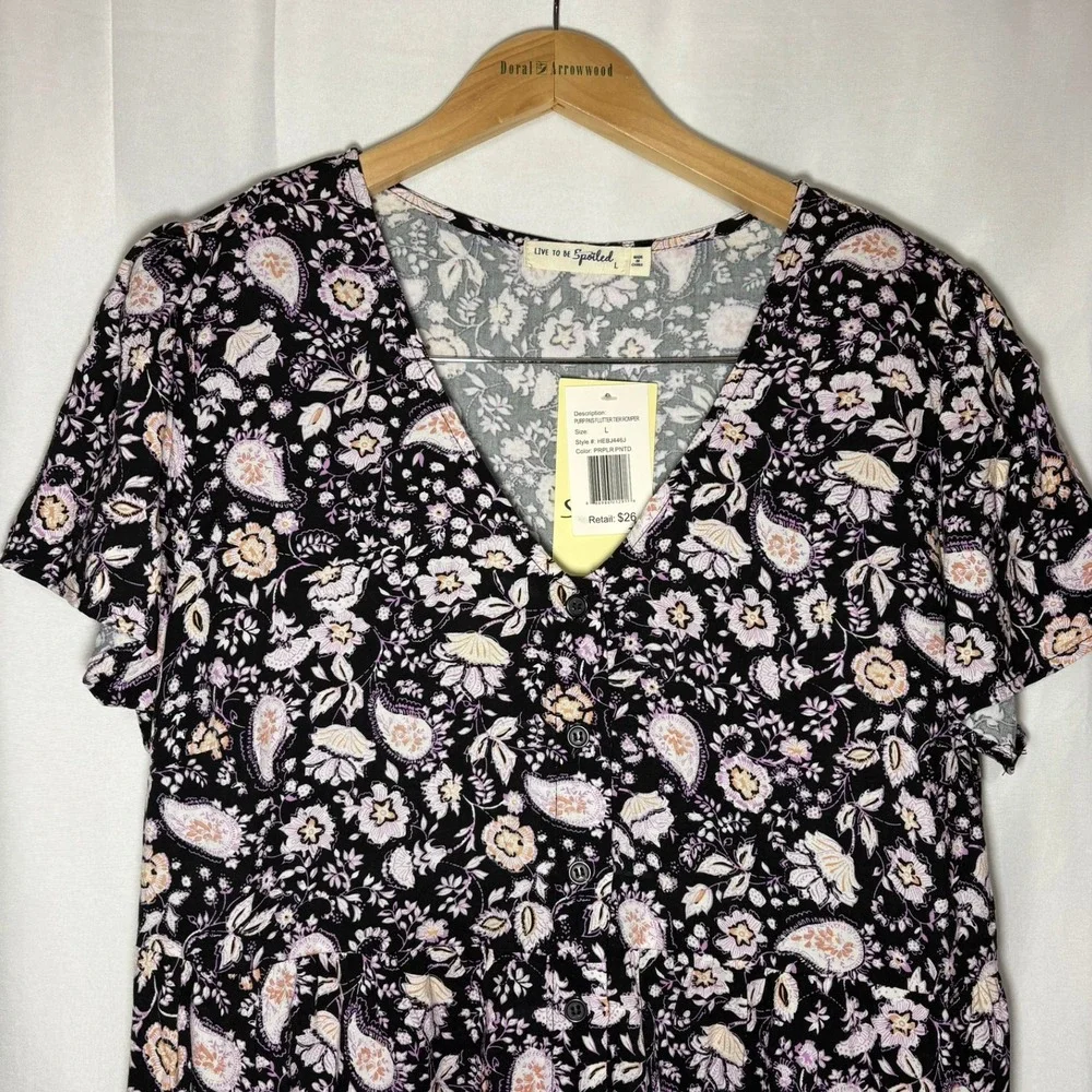 NWT Live To Be Spoiled Purple Paisley‎ Flutter Tier Romper Shorts Large Boutique